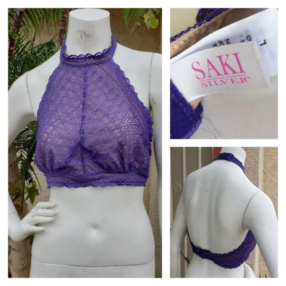 Saki Silver Lacy Biscay‎ Halter Bralette - Picture 1 of 1